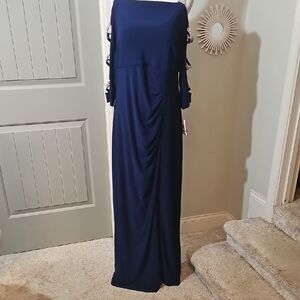 MSK Navy Cold-Shoulder Ruched Formal Gown